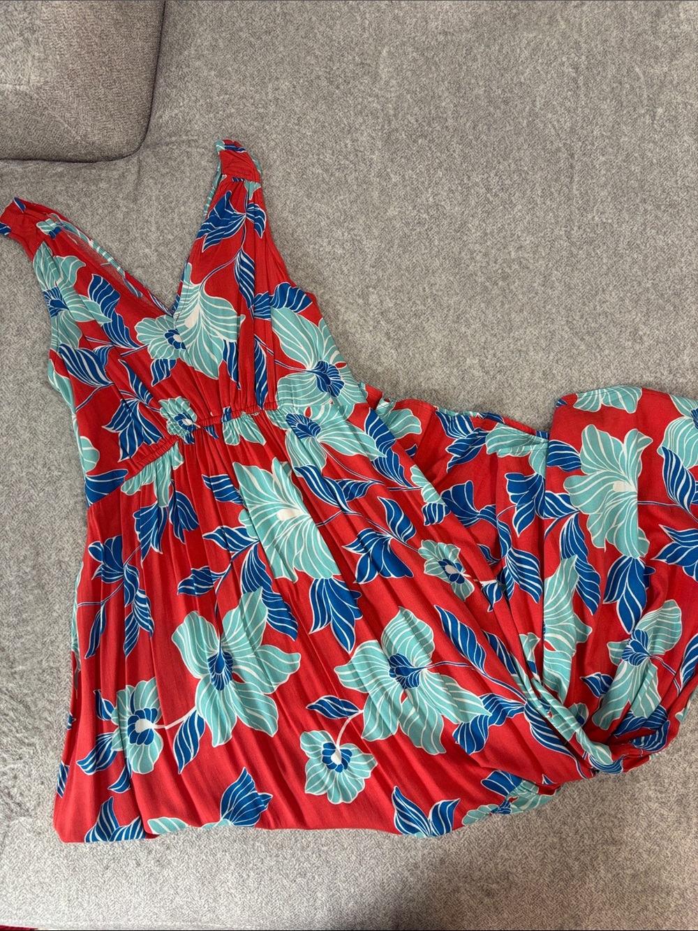 Red Floral Maxi Dress with Blue & Mint Leaves